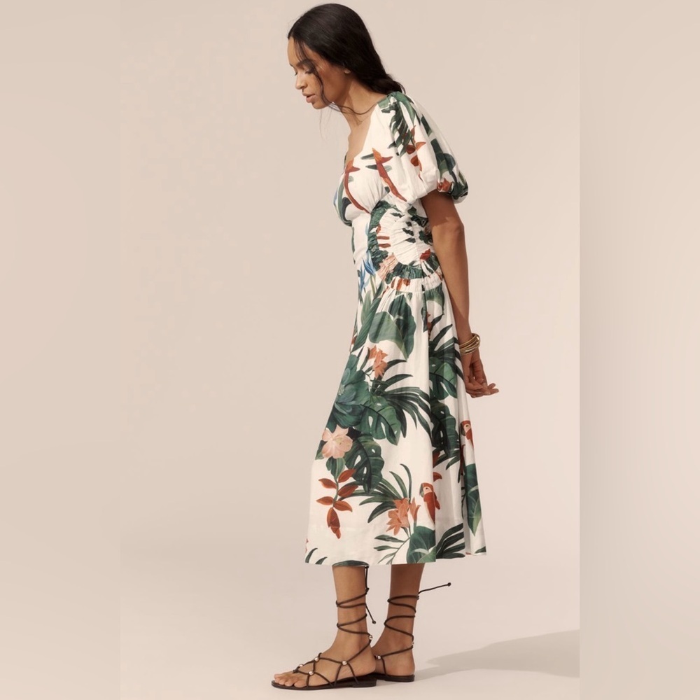 Farm Rio Midnight Macaw Fiesta Linen Blend Puff-Sleeve Midi Dress Size Large NWT